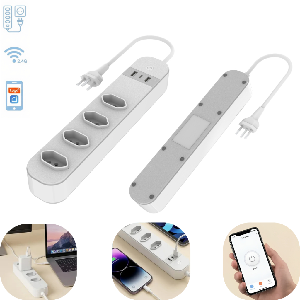 Régua de Tomadas Smart Compatível Alexa Google Controle Voz e Timer Wi-Fi USB-C 20W Monitor Energia