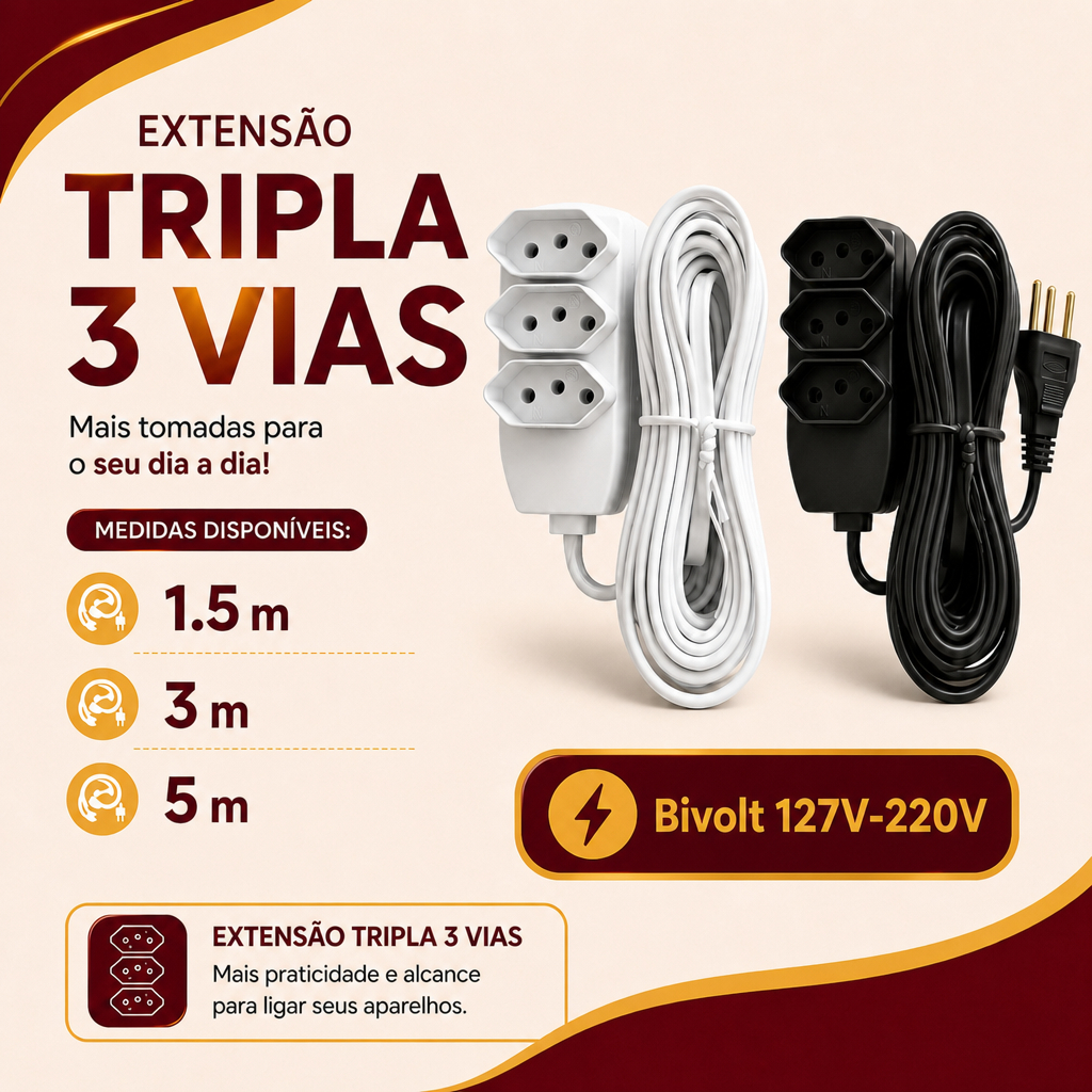 Extensão Elétrica 5 Metros (Branco ou Preto) cabo PP 2P+T Fio Reforçado 3 Tomadas Tripolar Bivolt 10A