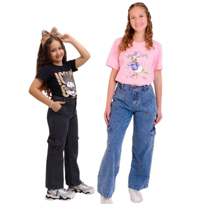Calça Jeans Infantil juvenil Cargo Wide Leg Preta Grafite Estonada Blogueirinha Diva