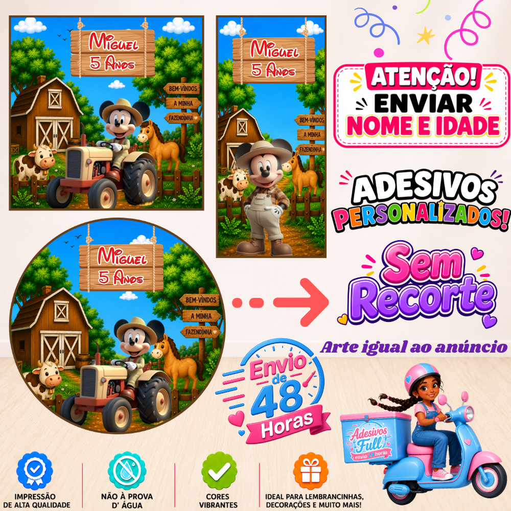 Fazendinha do Mickey - 100/60/40 Adesivos Personalizados Lembrancinhas Festa Aniversário