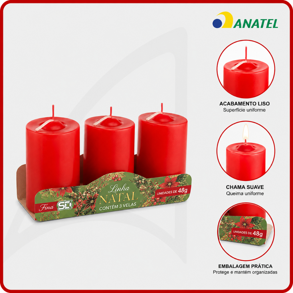 3 Velas Finas Decorativas Vermelhas Natalinas Festas 55x35mm