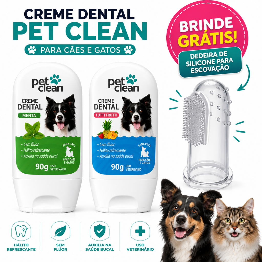 Creme Dental para Cachorro e Gato 90g Pet Clean Anti Tártaro + Dedeira Brinde