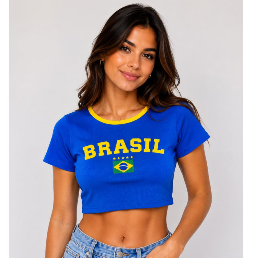 Blusa Cropped Canelado Mae e Filha Brinde Faixa de Cabelo Ediçao Copa Brasil 2026