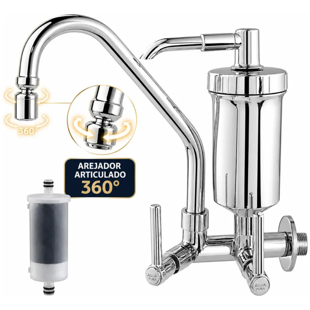 Torneira Com Filtro Cozinha Parede Ou Bancada  Cromada Gourmet Bico Articulado Arejador 360 Premium