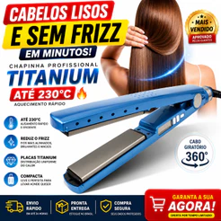 Chapinha de Cabelo Profissional 230°C Titanium Portátil 127v Prancha Alisadora Anti Frizz Azul
