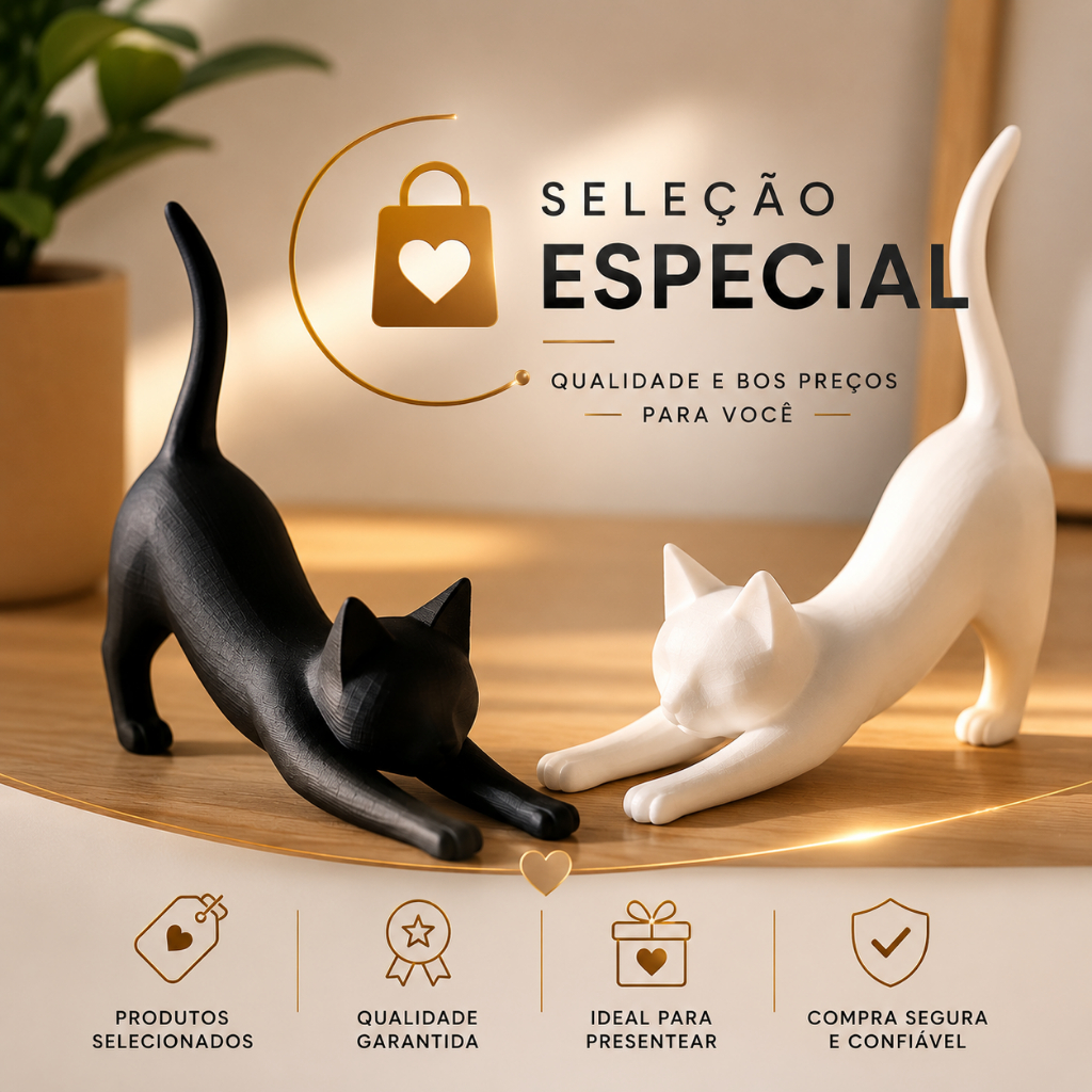 Estátua Gato Decorativo 3D Minimalista - Decoração Estante e Prateleira