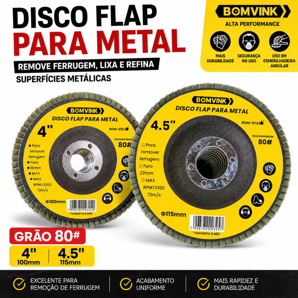 Disco Flap Para Metal 4" ou 4,5" - Grão 80 – Remoção de Ferrugem e Acabamento