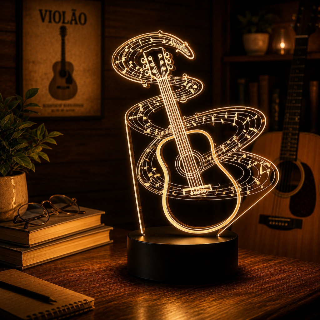 Luminária Led 3d | Violão Música Abajur Presente Criativo Decoração Multicores