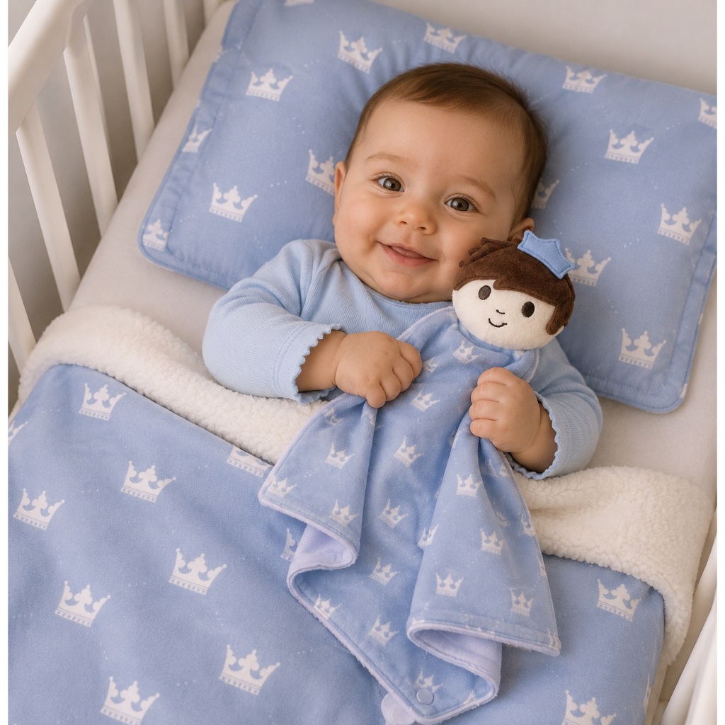 KIT MANTA MANTINHA COBERTOR SOFT E NANINHA 02 PCS COM TEMA DE PRINCIPE EXOVAL DE BEBE ROUPA DE BEBE