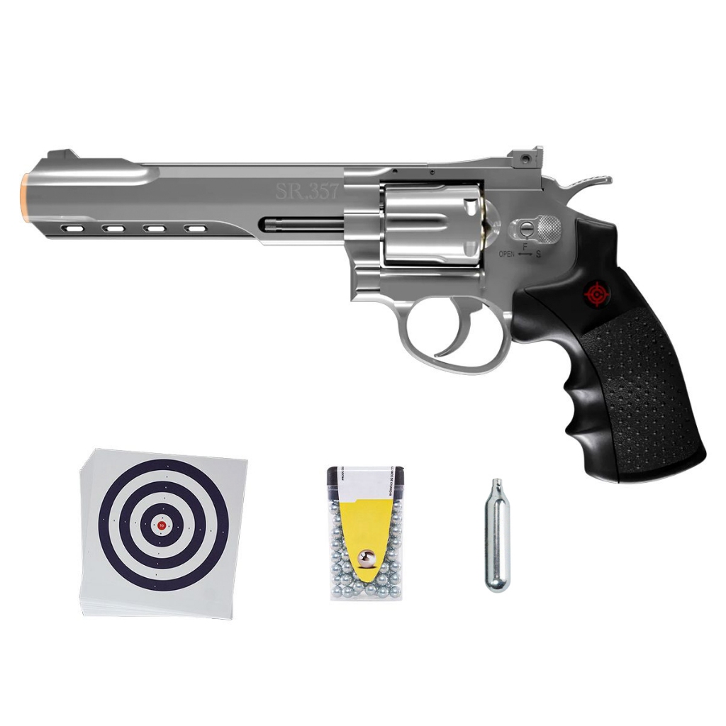 Revólver de Pressão Co2 SR357 Silver 4.5mm – Crosman + Alvo + Cilindro + Esfera