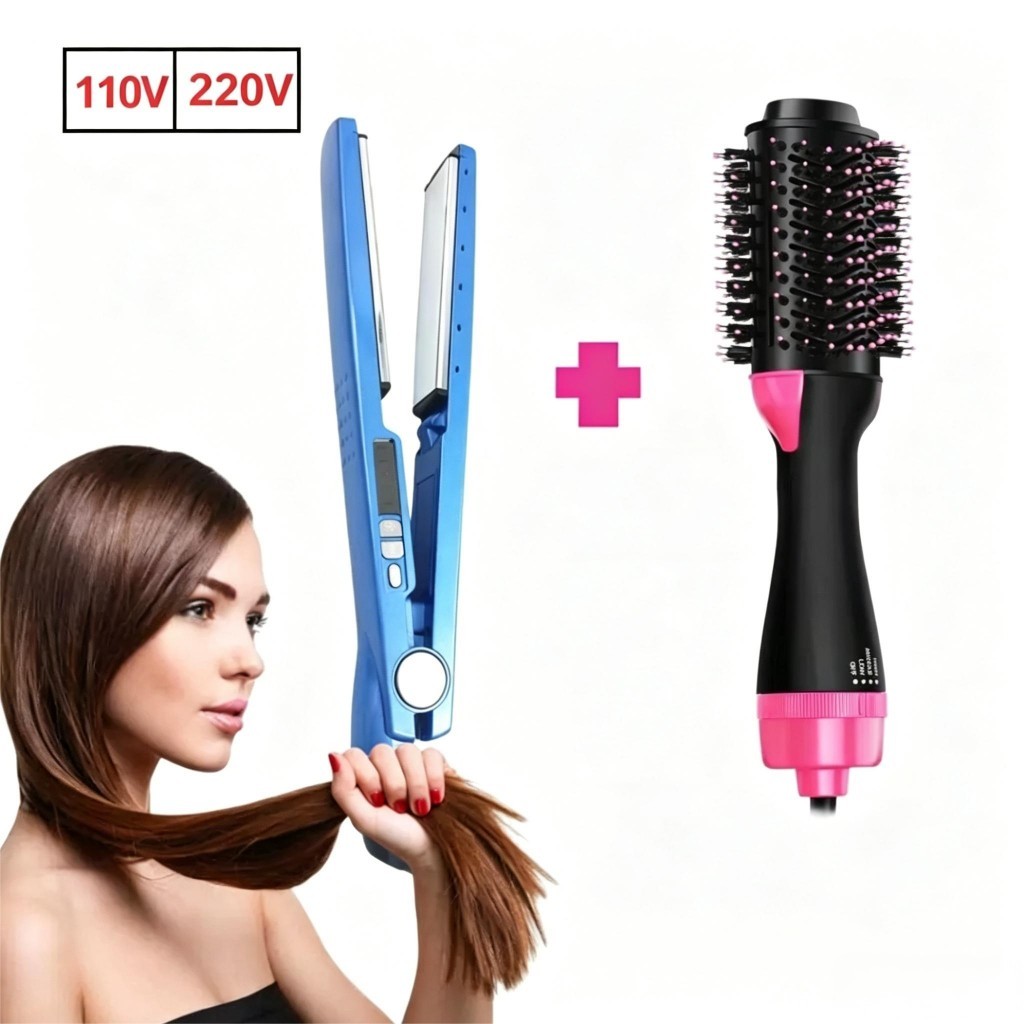 Kit 2 em 1 Escova Secadora + Chapinha Bivolt 110/220V Alisador Profissional