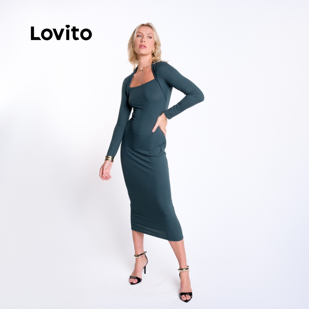Lovito Vestido Feminino em Malha Canelada com Bolero Integrado DRB18971927