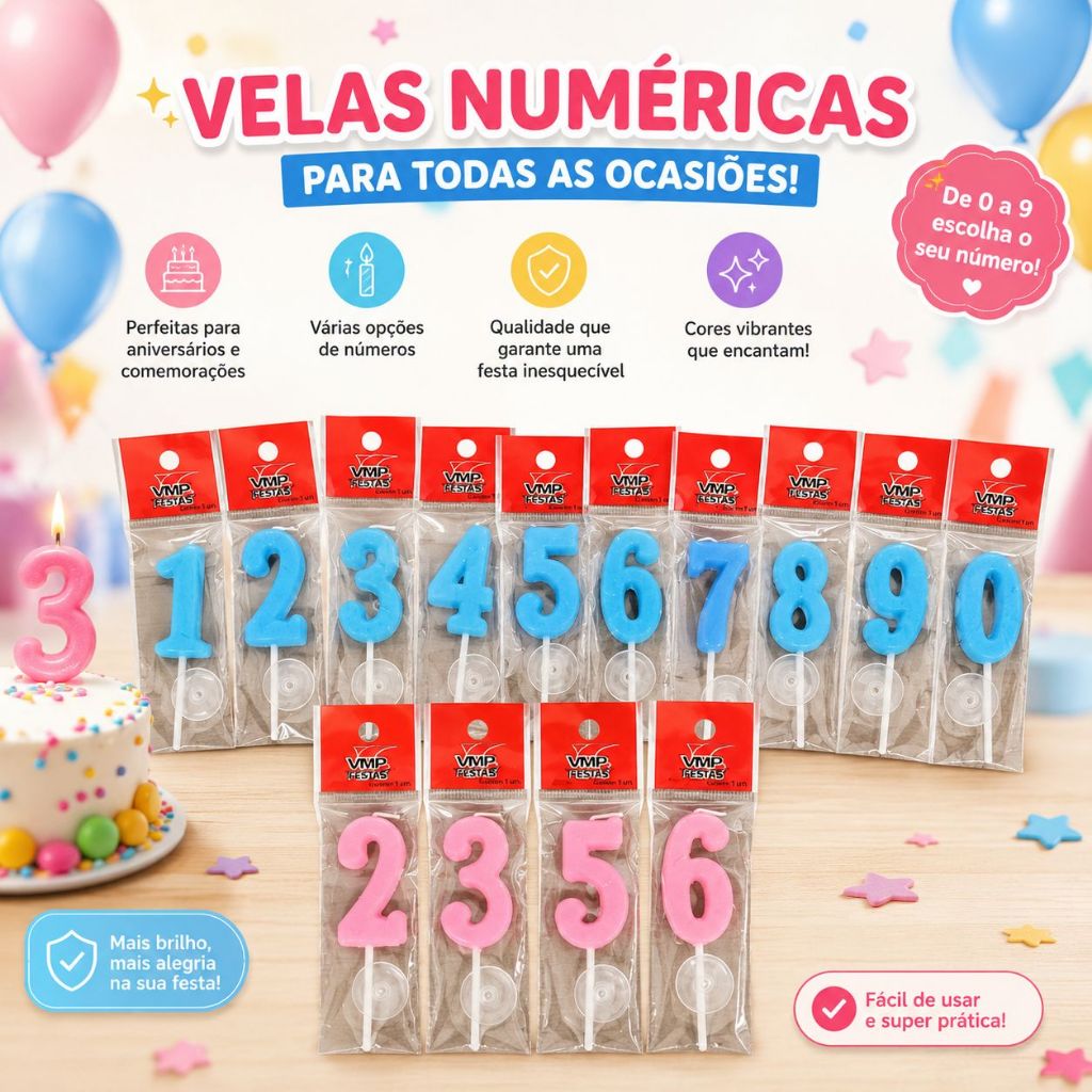 KIT 10 Velas Aniversario Palito Rosa Azul Colorido Números Infantil Divertida Vela Cupcake Atacado