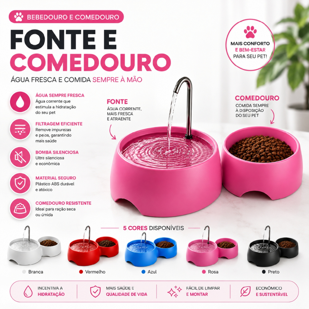 Fonte Bebedouro Cães e Gatos H2O Rosa + Comedouro extra 600ml
