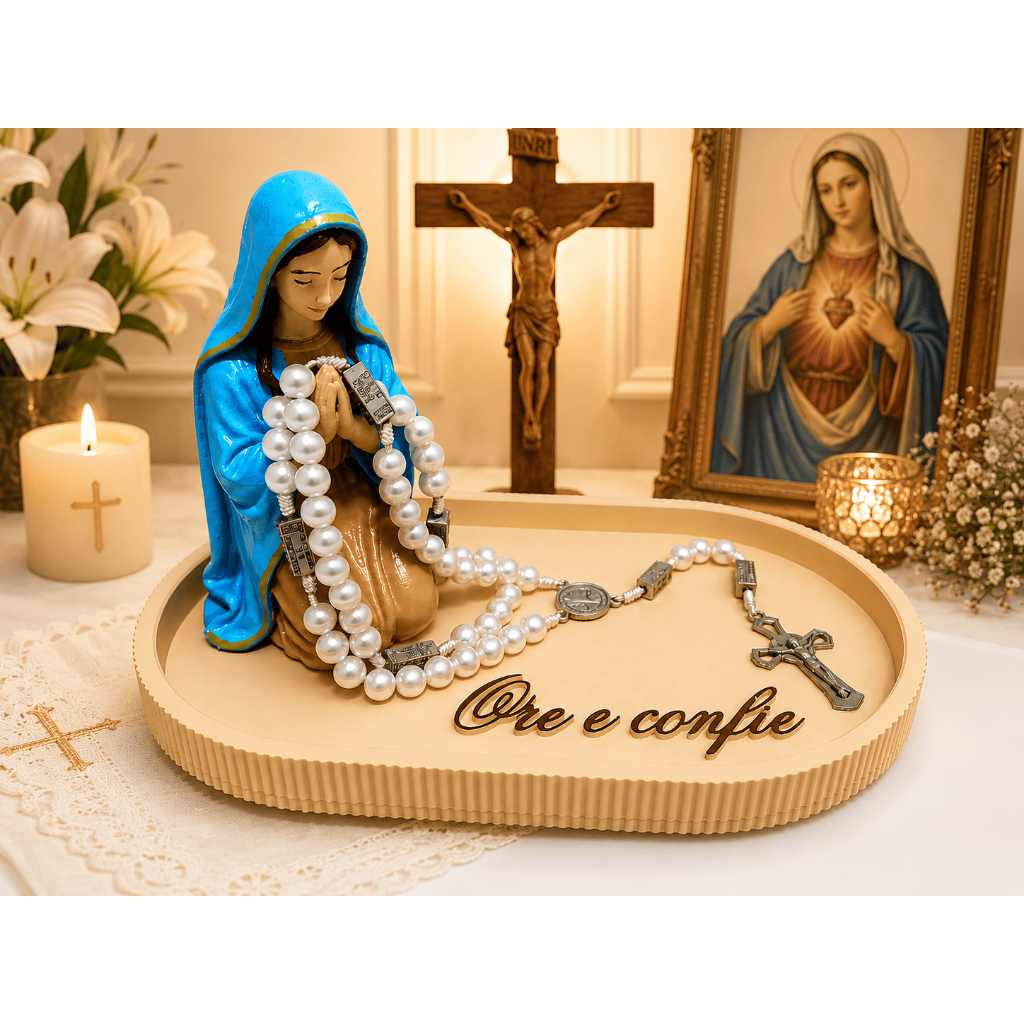 Porta Terço Nossa Senhora com Bandeja Decorativa  Ore e Confie  Decoração Católica Religiosa