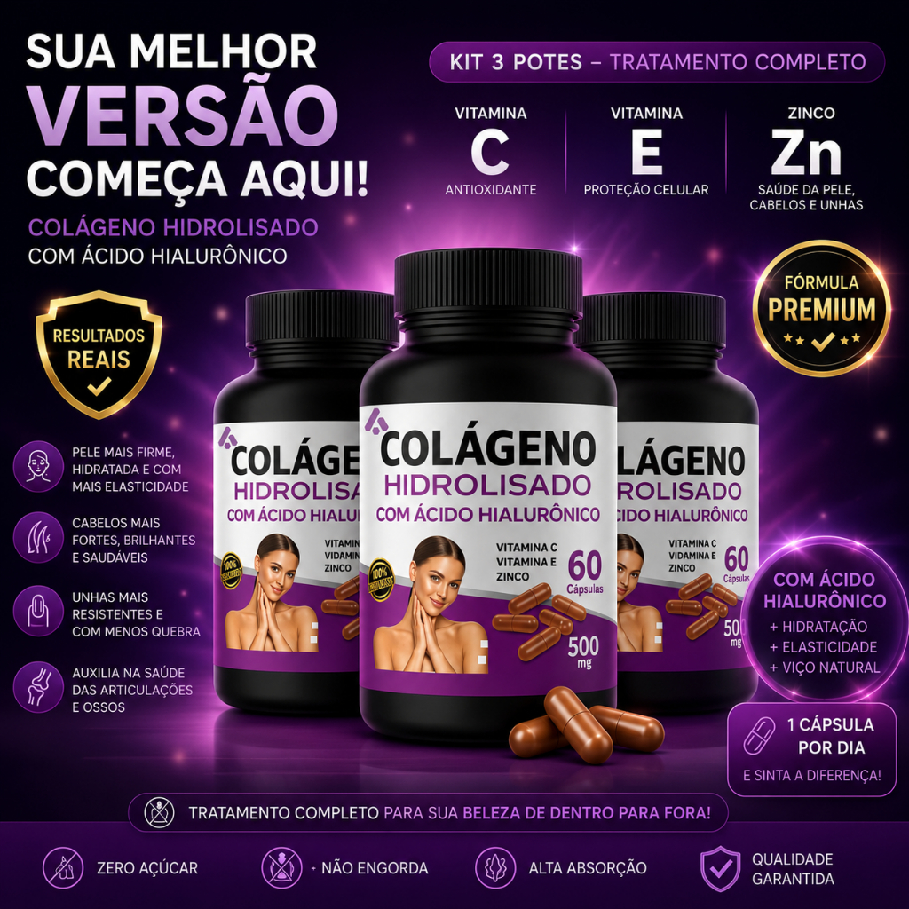 KIT 3 Acido Hialuronico Colageno Hidrolisado Vit C Anti Idade  - 180 capsulas - Arkad Suplementos