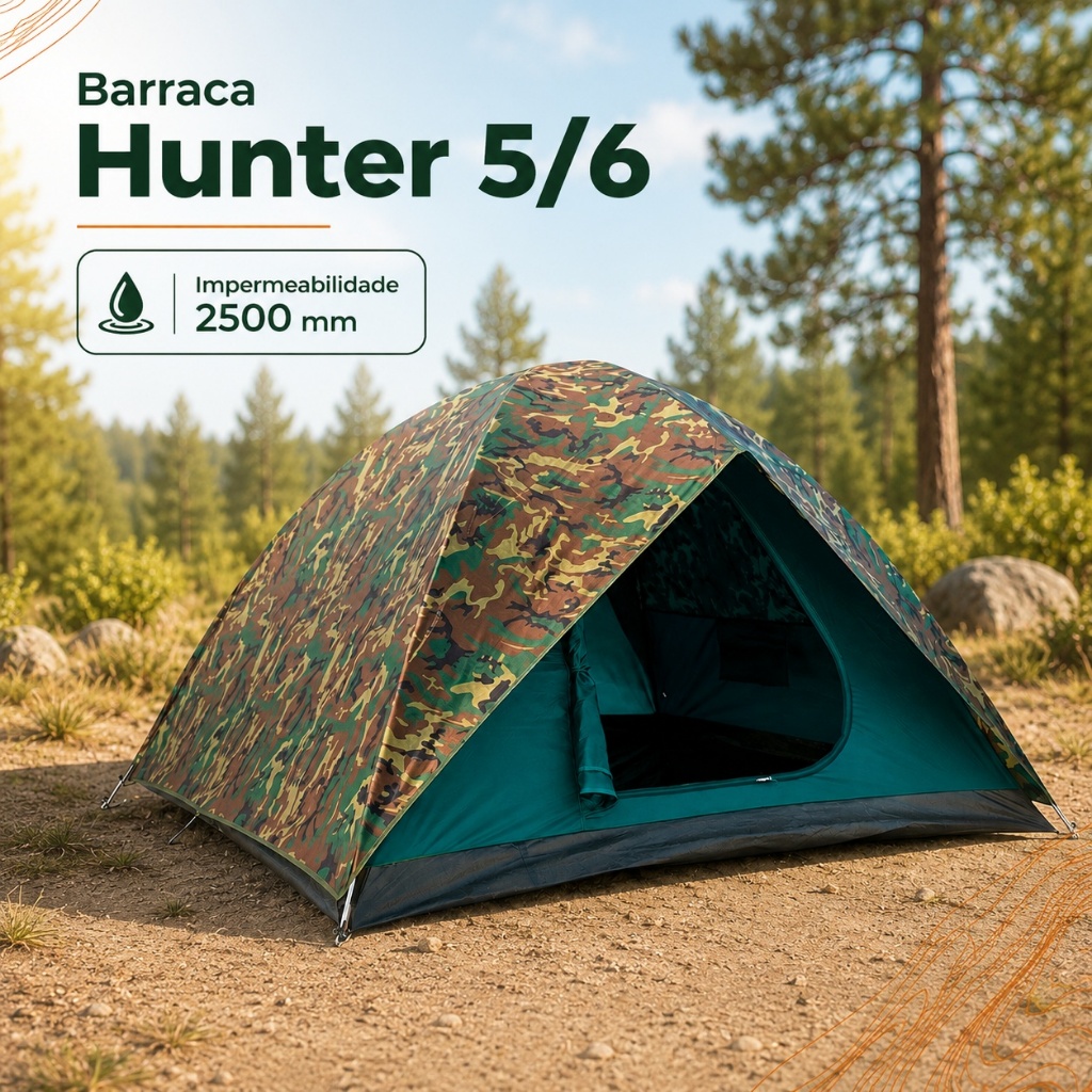 Barraca Camping Hunter 5/6 Pessoas NTK Camuflada Impermeável 2500mm Fácil de Montar com Mosquiteiro