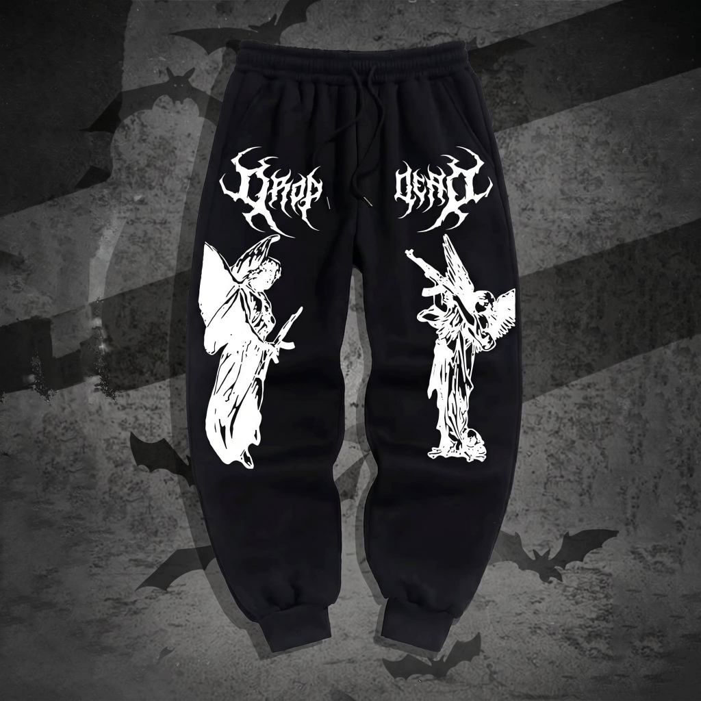 Calça Moletom Algodão Confortável Academia Arte Angel Black Y2k Streetwear Exclusiva Gótico Gym Treino Fitness