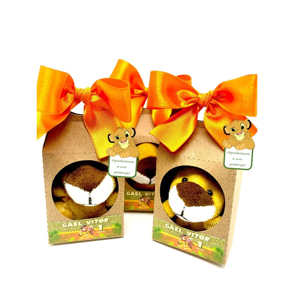 Lembrancinha Personalizada Safari Rei Leão Pelúcias Safari 6cm na Sacolinha com Laço e Tag 15 unidades