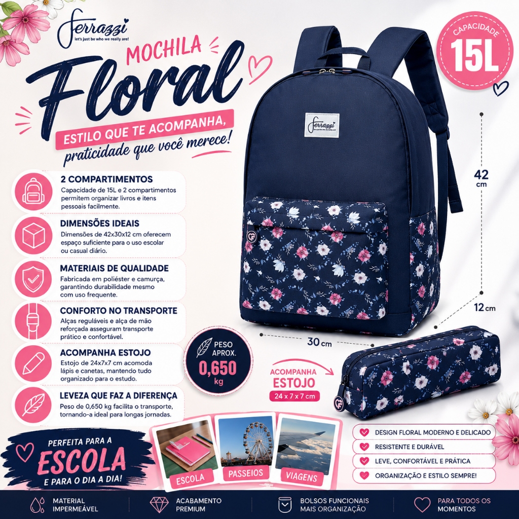 Ferrazzi Mochila Estojo Escolar Feminina Bolsa Resistente Moda Casual Escolar Faculdade 20L Patchwork Estampado