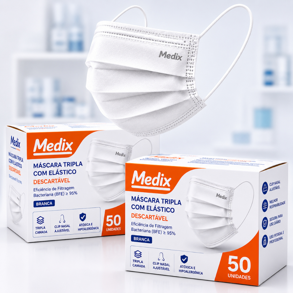 Kit 2 Caixas Máscara Tripla Descartável Medix Supreme Branca Cirurgica Hospitalar 100 Máscaras
