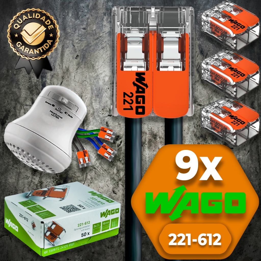 Conector de Fio Elétrico Wago 221-612 Wago Emenda Chuveiro 6mm 41A Conexão Automática Kit 6 Peças