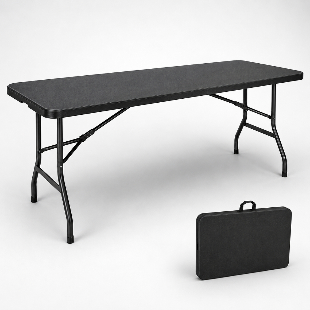 Mesa Dobrável Portátil Vira Maleta Com Alça 1.80m Camping Viagem Grande Preto Branco Domus Vita
