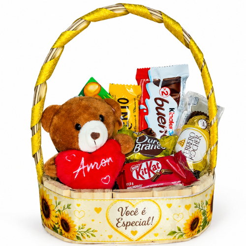 Kit Presente Cesta Mimo com Chaveiro de Pelúcia Fizzy e Chocolate Variados Ideal para todas ocasiões
