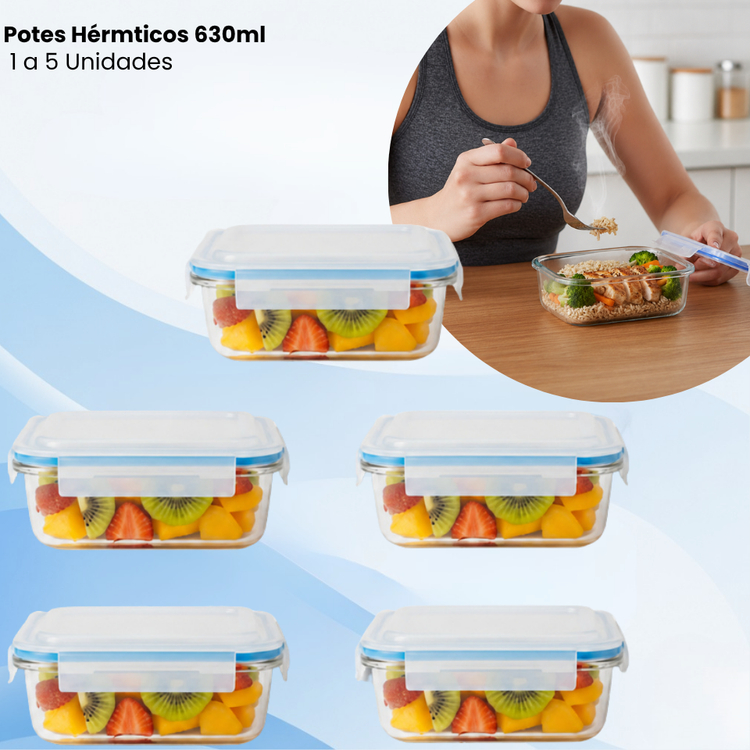 1 a 5 Potes Herméticos Marmita de Vidro 630ml Borossilicato Alta Resistência Geladeira Micro-ondas Cozinha Fitness