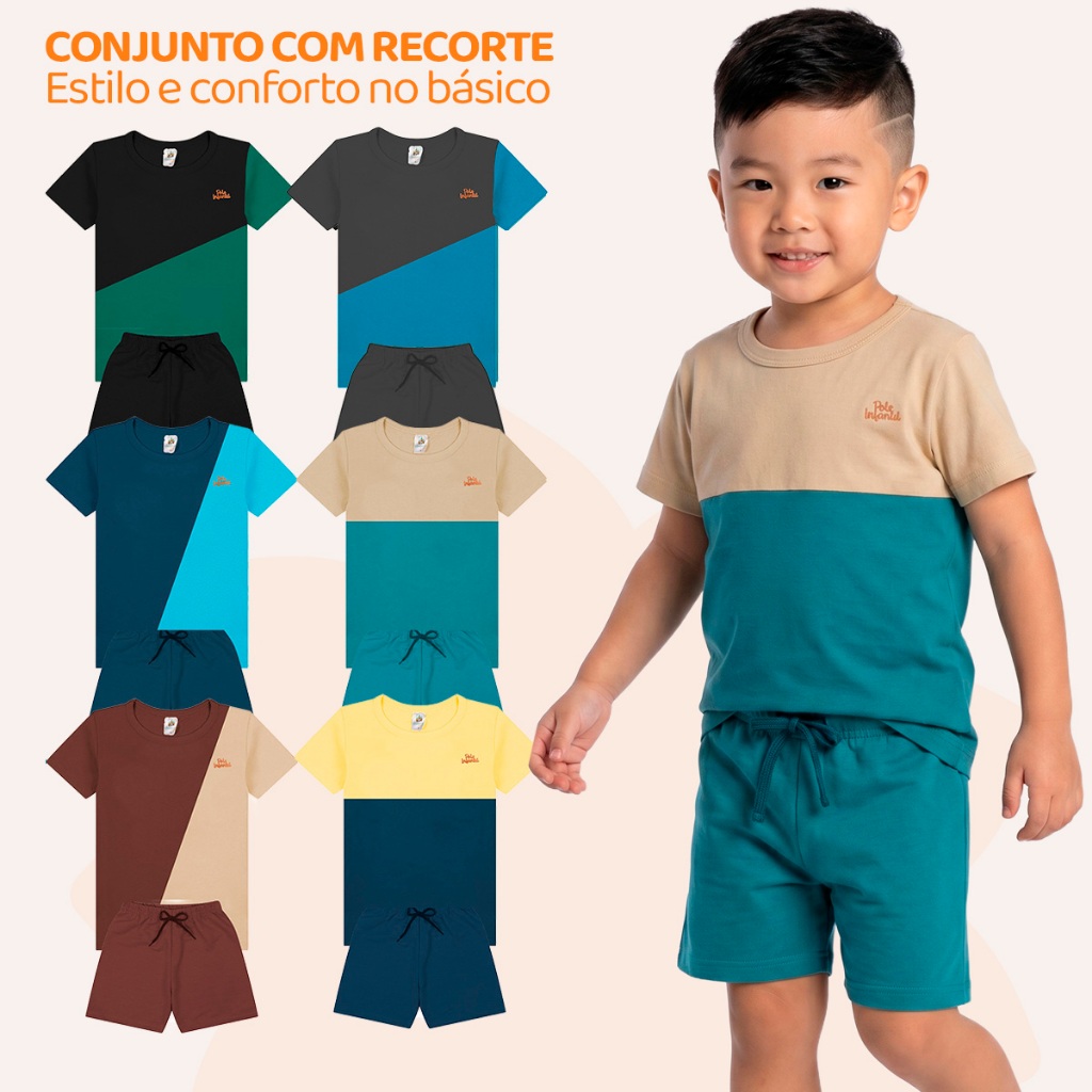 Kit 3 Conjuntos Infantil Masculino com Recorte Diagonal Camisa e Bermuda Design