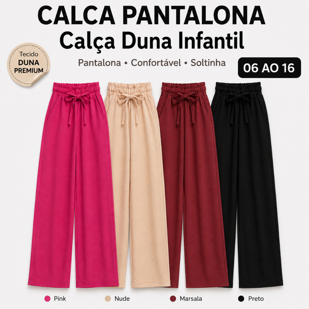 Calça Infantil Juvenil Pantalona Duna Menina Leve Confortável Elástico Soltinha Estilosa 06 ao 12