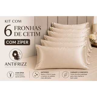 Kit com 6 Fronhas Cetim COM ZÍPER ANTIFRIZZ Luxuosa