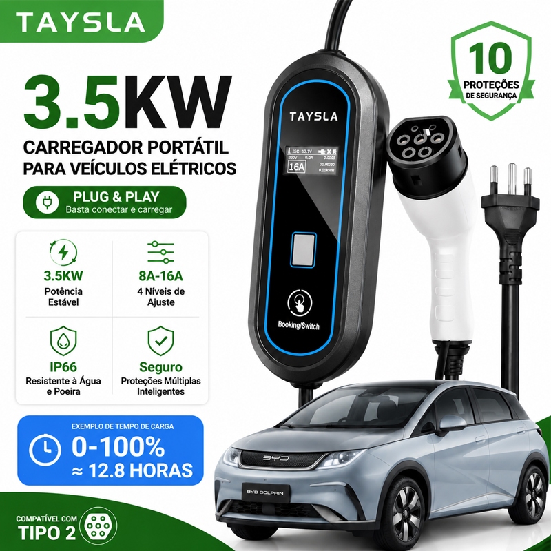 TAYSLA Carregador Veicular Portátil 3.5KW Tipo 2 Plug and Play 8A-16A EV Carregador Elétrico 20A