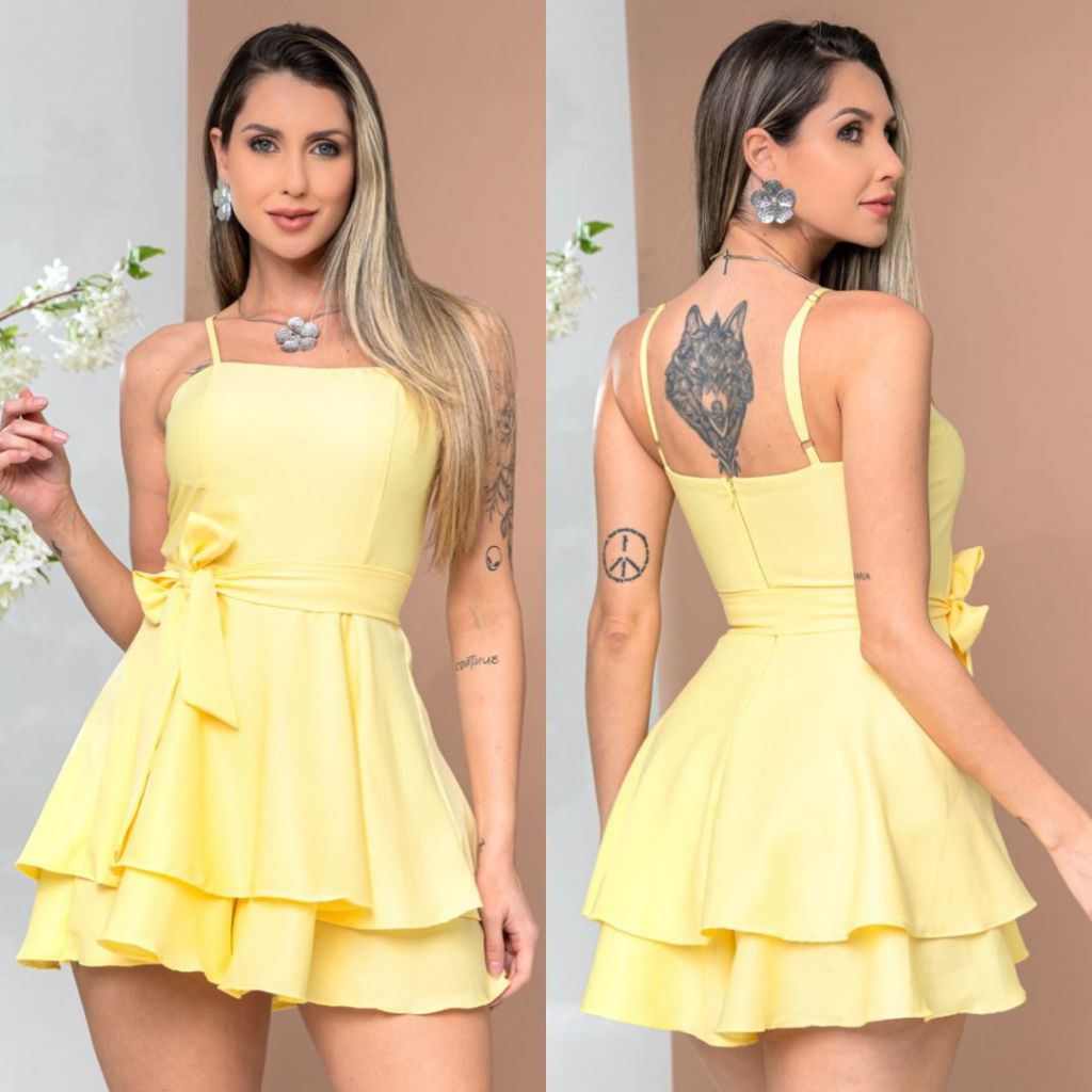 Macaquinho Feminino Vestido Bailarina Soltinho Tecido Sarja Alça Ajustável laço Removível Elegante