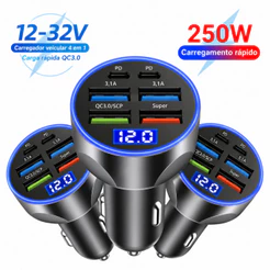 Carregador Veicular 6 Portas USB USB-C PD QC3.0 Turbo Display Digital 12V 32V