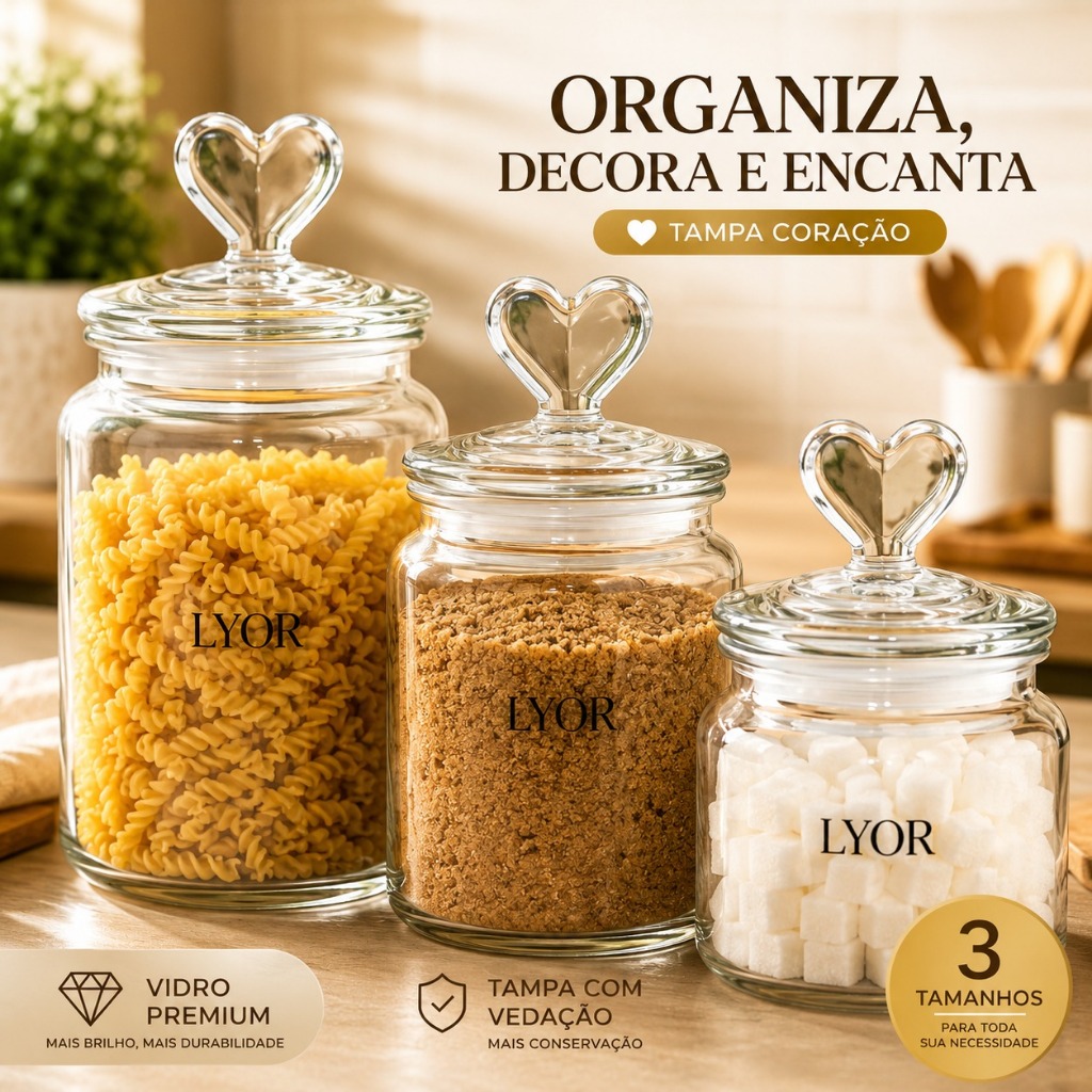 Pote de Vidro Hermético Transparente Tampa de Coração - Afeto Porta Mantimentos Alimentos Cozinha