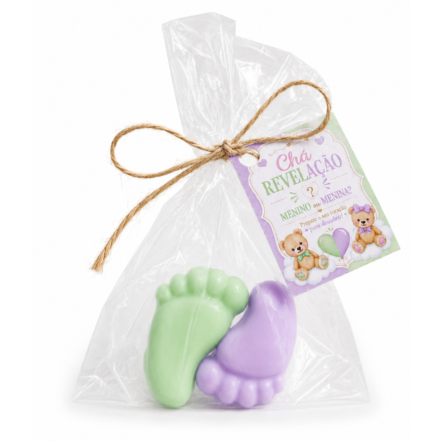 Kit Mini Sabonetes Pezinhos (Par) - Lembrancinhas Cha Revelação Tag Saquinho e Fio - Pronta entrega
