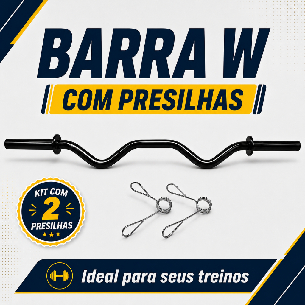 Barra W Tubular Presilhas Haltere Academia Musculação Grampo Treino Casa Reforçada Exercício Fitness
