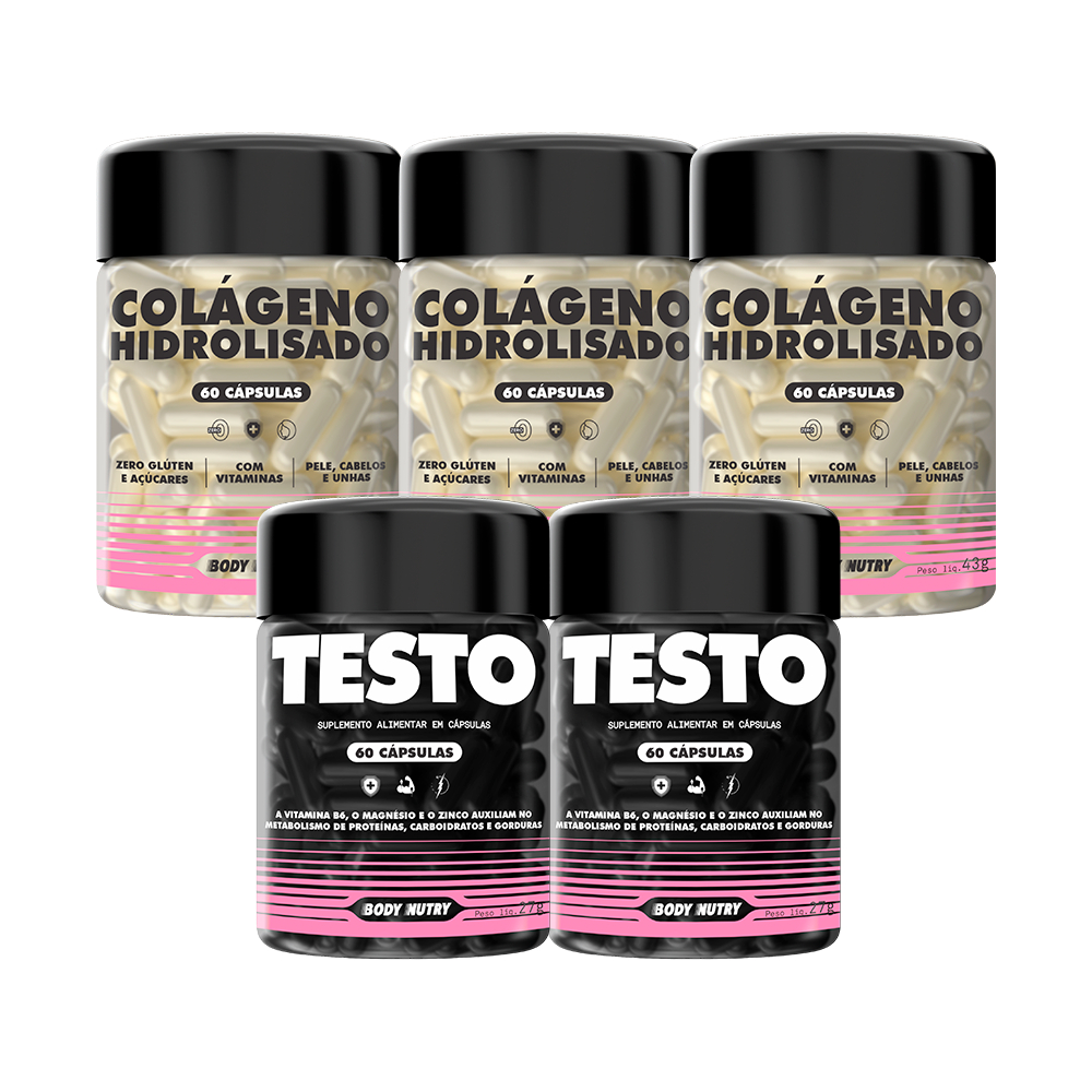 Kit 3x Colágeno Hidrolisado Feminy Cuidado Com o Corpo + 2x Testo Feminy Energia - Body Nutry