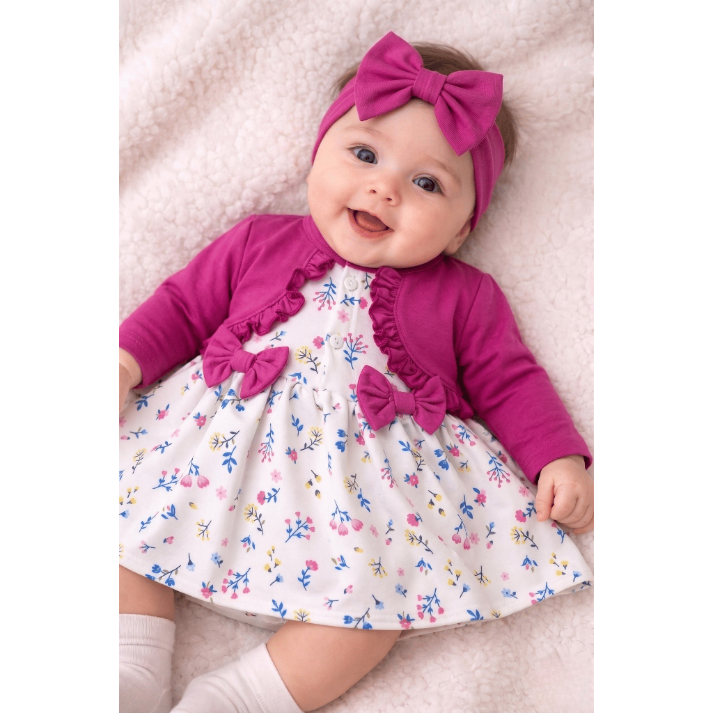 Vestido Floral Com Bolero Integrado E Faixa De Cabelo
