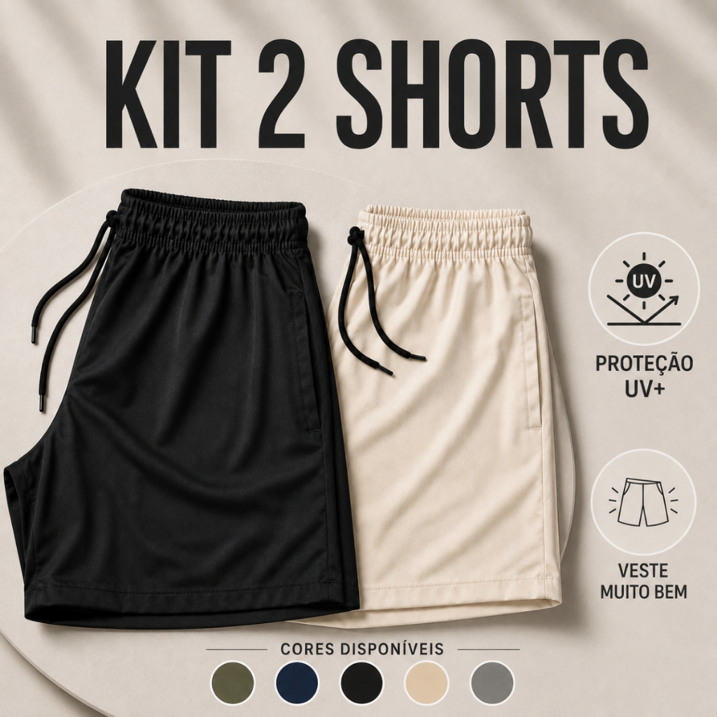Kit 2 Bermuda Short Masculino Microfibra Tactel Elastano Academia Treino Praia Proteção UV Estica