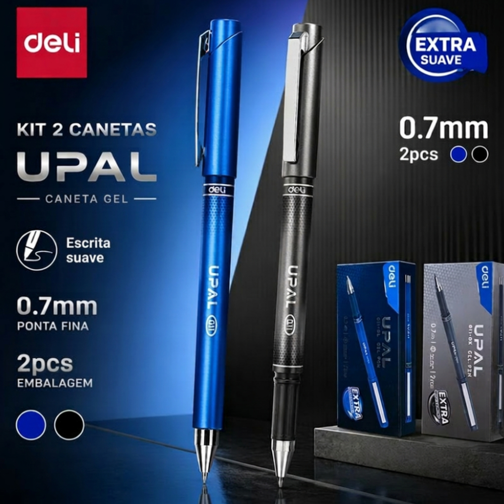 Kit 2 Canetas Gel Ergonômica Azul ou Preto Deli Clip de Metal Premium Escritório