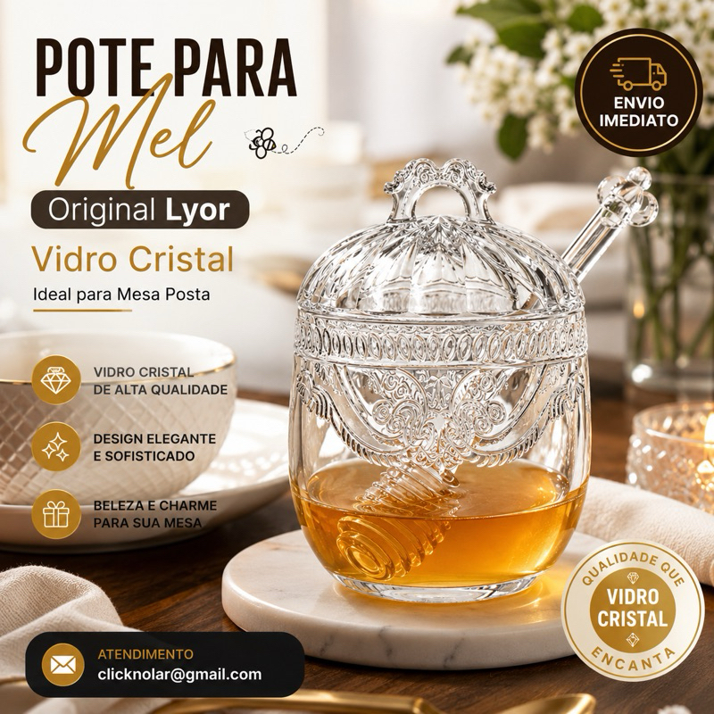 Meleira Porta Mel Vidro com Colher e Tampa Vidro Cristal Imperial 240ml Lyor