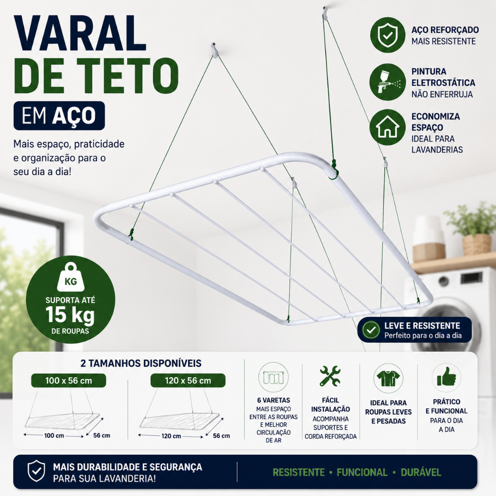 Varal de Teto Retrátil Aço Reforçado 100cm 120cm Lavanderia Apartamento 13KG
