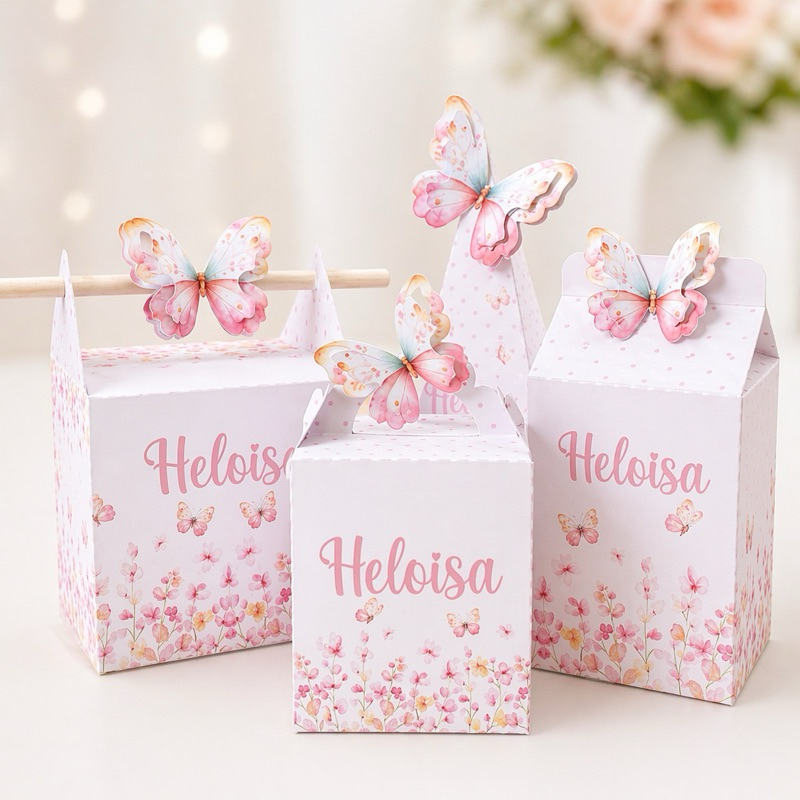 Kit Caixas Personalizadas para Festa Infantil | Caixinhas para Lembrancinhas | Kit Pegue e Monte Jardim das Borboletas