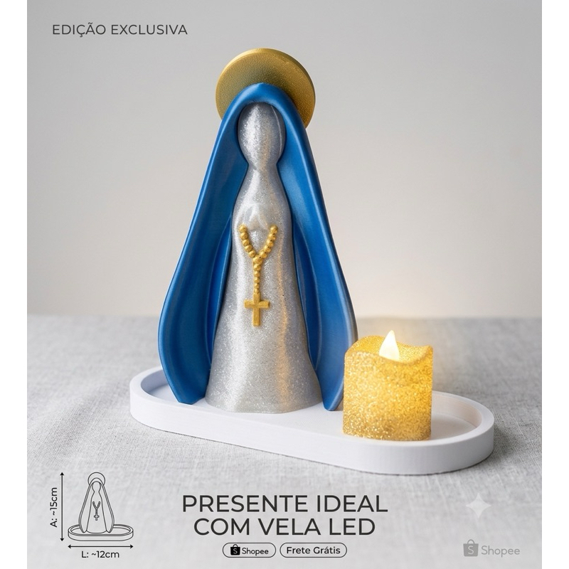 Nossa Senhora Aparecida Decorativa com Vela LED | Imagem em Impressão 3D | Decoração Religiosa | Presente Católico