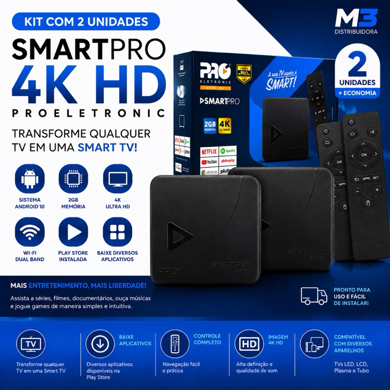 Smart Box TV Proeletronic 4K HD Android 10 2GB 16GB Wi-Fi Transforme Sua TV em Smart - Kit com 2 Unidades