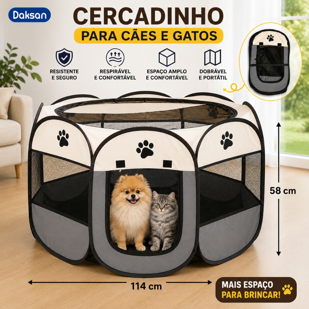 Cercado Pet Dobrável 114cm para Cães e Gatos com Tela Respirável Canil Portátil Amplo Espaço