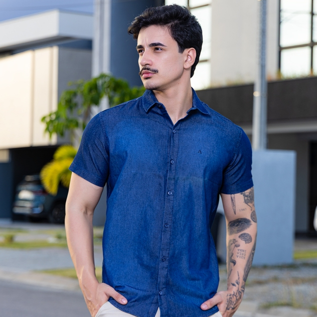 Camisa Jeans Masculina Manga Curta Casual Slim Fit Confortável Resistente Moda Masculina Premium