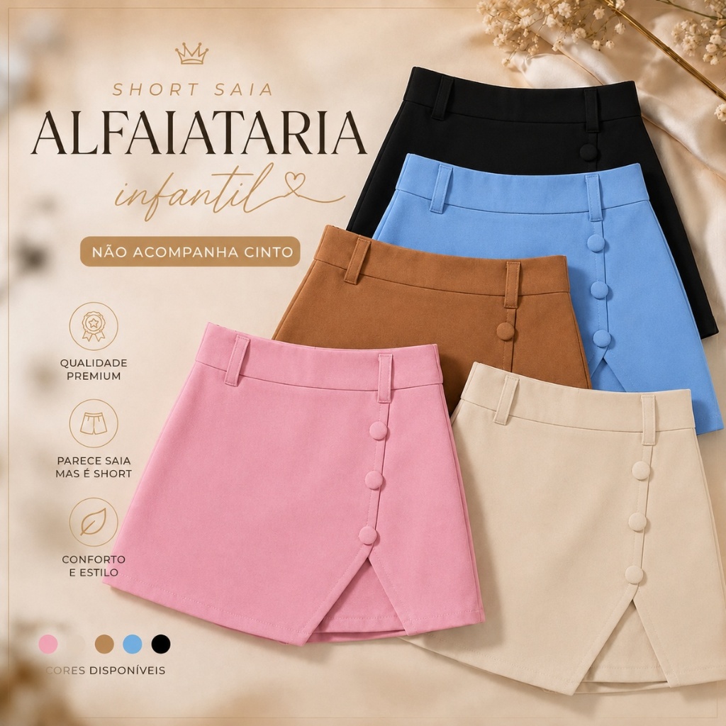 SHORTS SAIA INFANTIL MENINAS ALFAIATARIA MENINAS ((NÃO ACOMPANHA MAIS O CINTO))